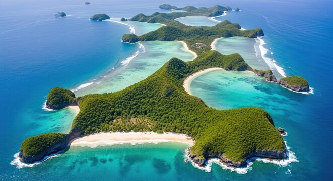 Tropical island chain with lush greenery and sandy beaches from above
