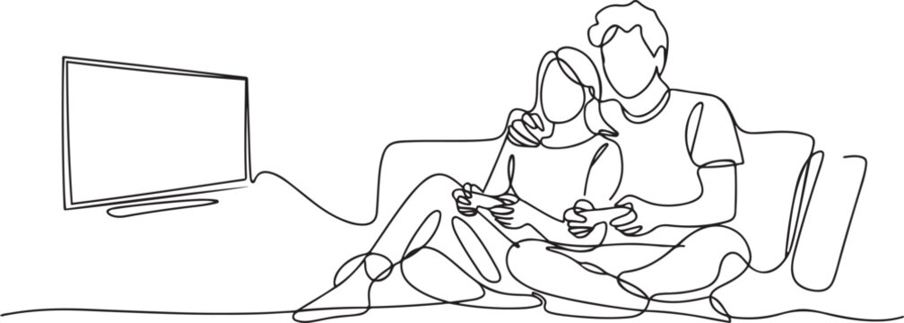 Single continuous line drawing young family couple sitting on sofa playing computer games on gaming console and watching tv set.one line vector illustration with white background