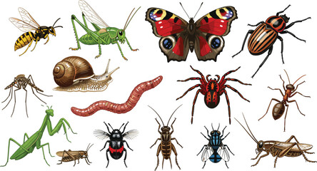 Detailed realistic insect vector set including butterfly spider bee grasshopper ant and beetle for biological education nature science projects garden pest control and biodiversity illustrations. © Hosneara