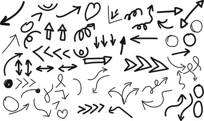 Collection of hand drawn arrows and directional symbols
