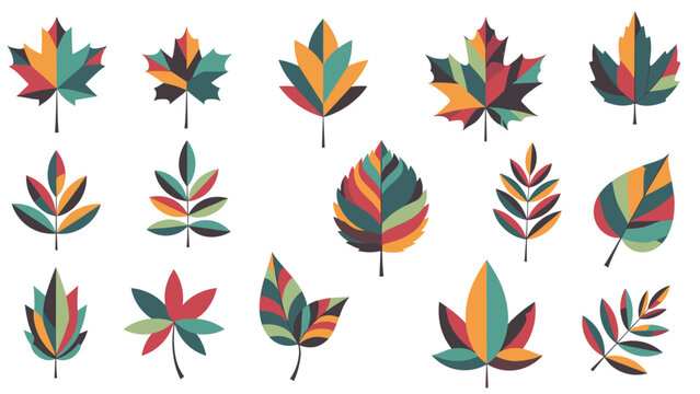 Geometric autumn leaves collection featuring various shapes like maple and oak in vibrant colors on a white background for seasonal design projects.