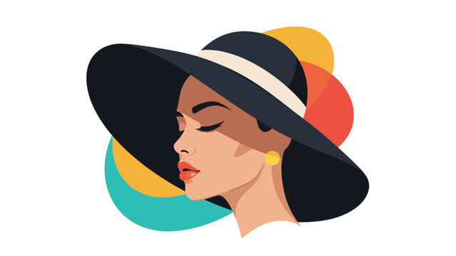 Sophisticated portrait of a woman in a large black hat set against a backdrop of colorful abstract geometric circles for modern fashion design.