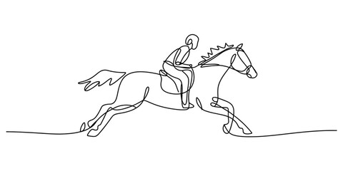 A minimalist single continuous line drawing of a rider on a fast galloping horse Vector, illustration
