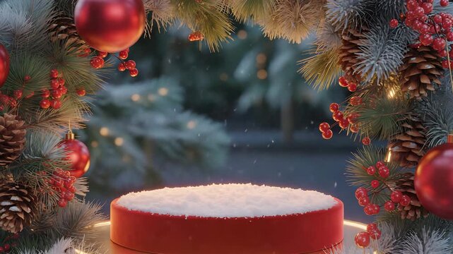 Cinematic Holiday Video of Snow‑Covered Red Platform with Pine and Ornament Frame