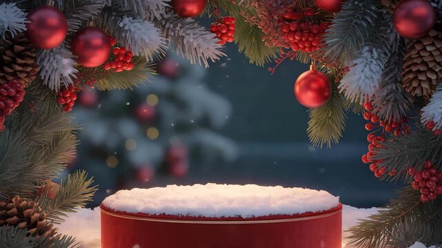 Cinematic Holiday Video of Snow‑Covered Red Platform with Pine and Ornament Frame