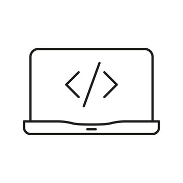 Laptop With Code Symbol Line Icon. Software Development, Programming, And Coding Outline Symbol. Technology And Innovation. Editable Stroke. Isolated Vector Illustration