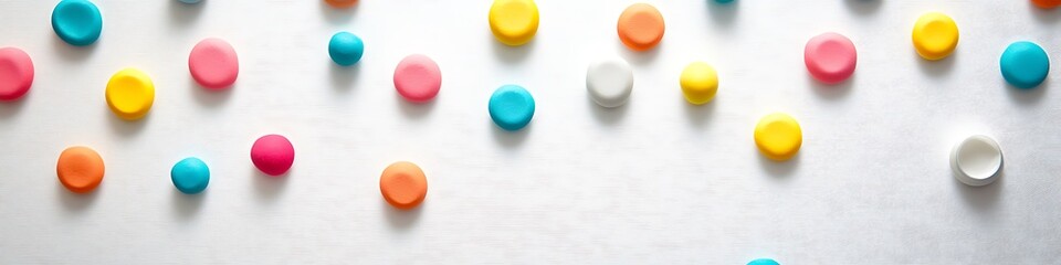 Assortment of colorful modeling clay circles scattered randomly across a textured white wooden background surface for creative projects