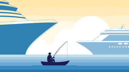Silhouetted fisherman in small boat positioned between two large cruise ships under soft yellow sky at dawn or dusk.