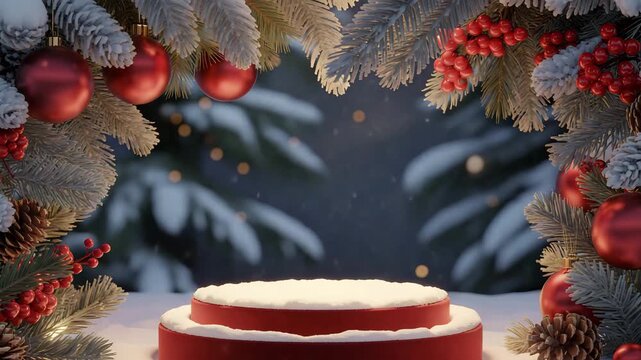 Cinematic Holiday Video of Snow‑Covered Red Platform with Pine and Ornament Frame