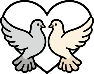 Fototapeta premium Romantic Love Doves in Heart Shape Vector, Cute Cartoon Wedding Birds Illustration