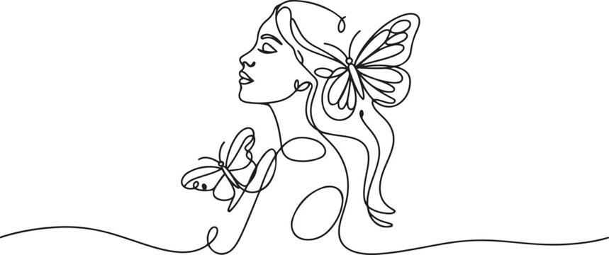 Women&rsquo;s day line art style vector illustration. Line art vector illustration of beauty woman with a butterfly.one line vector illustration with white background
