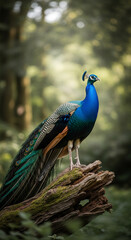 Majestic peacock perched on a mossy log in a lush green forest, showcasing its vibrant blue and green plumage