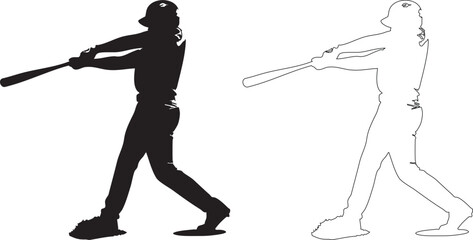 Baseball player silhouettes swinging bat black and white 1