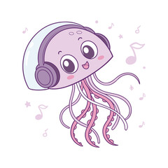 Cute Jellyfish Music Cartoon vector Illustration, easily editable.