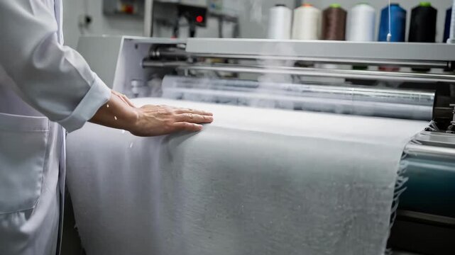 Medium shot of a technician carefully heatsetting polyester fabric smoothing fibers to enhance durability and texture for highperformance synthetic textiles.