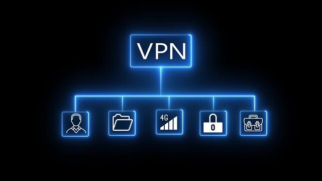 Neon text VPN, Virtual private network protocol concept. Glowing neon line animation of VPN icon on virtual screen for connect to VPN network. digital, electric, futuristic,