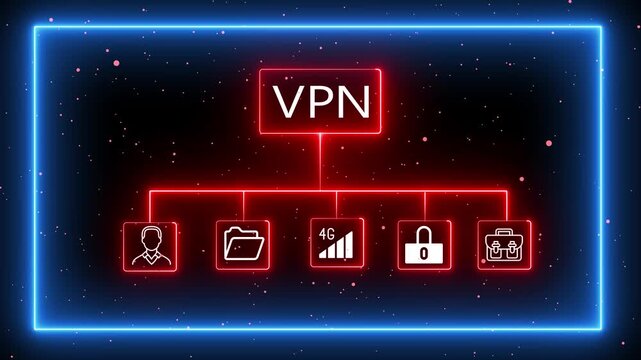 Neon text VPN, Virtual private network protocol concept. Glowing neon line animation of VPN icon on virtual screen for connect to VPN electric, futuristic,