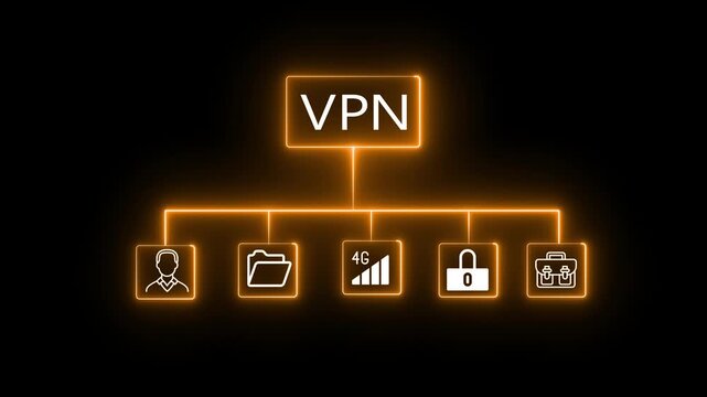 Neon text VPN, Virtual private network protocol concept. Glowing neon line animation of VPN icon on virtual screen for connect to VPN network. digital, electric, futuristic,