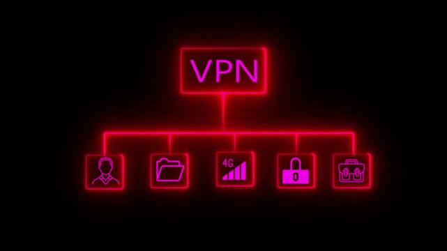 Neon text VPN, Virtual private network protocol concept. Glowing neon line animation of VPN icon on virtual screen for connect to VPN network