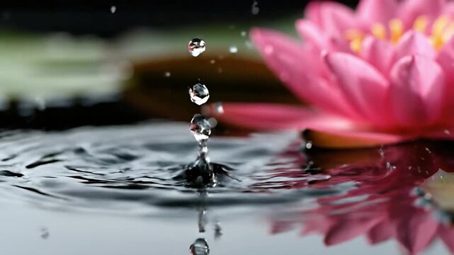 A perfectly spherical water droplet hangs suspended in mid-air above a reflective surface, mirroring a pink water lily.