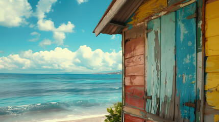 Title: Wooden Beach Hut by Tropical Sea Under Clear Blue Sky
