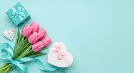 Easter gift bouquet with pink tulips and ribbons