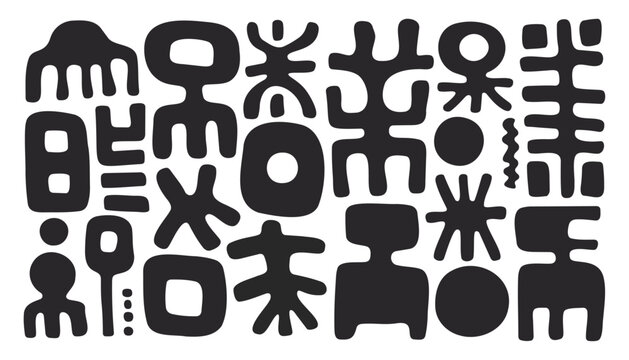 Black Abstract Tribal Shape Set with Primitive Symbols and Ancient Ethnic Elements