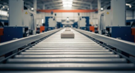 Conveyor belt in a factory with machinery in background, soft focus