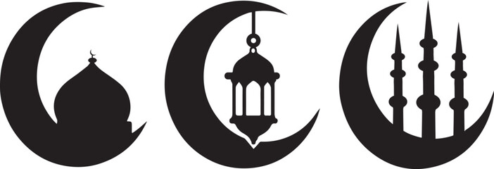 Fototapeta premium Ramadan Crescent Moon and Mosque Black Silhouette Set
