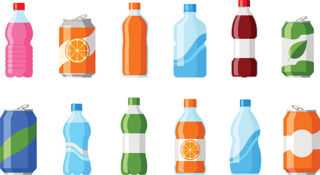 Set of various soft drink and water container illustrations including plastic bottles and aluminum cans with colorful labels for refreshment branding and beverage industry design.