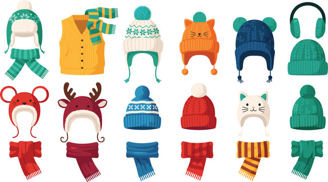 Set of cute winter knit hats and scarves for children featuring pom-poms and animal ear designs in festive colors for cold weather fashion and holiday season accessories.