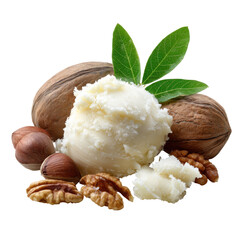 A wooden bowl filled with creamy shea butter topped with green leaves, surrounded by whole shea nuts and walnuts ,isolated on transparent background