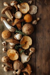 A vibrant and earthy still life photograph of an assortment of gourmet mushrooms in various shapes and sizes, arranged artfully on a rustic wooden table or natural fiber background, with ample copy sp
