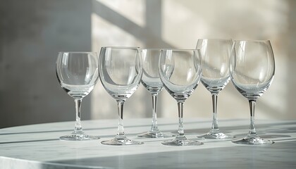 A delicate set of transparent glasses goblets, showcasing a varied glasses collection, with each piece uniquely shaped and refined, featuring slender stems, curved bowls, and intricately designed rims