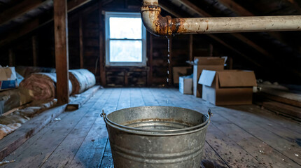 Fototapeta premium Rusty attic pipe leaking water into a metal bucket on wooden floor