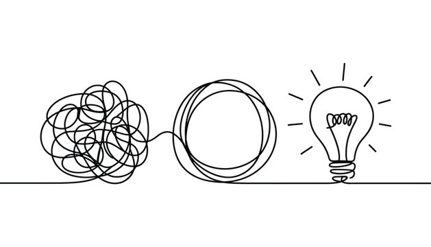 Lightbulb Line Drawing Illustration, black tangled string leading to glowing bulb on white background representing creativity and idea concept.