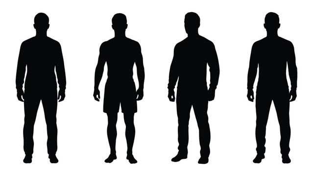 Four male silhouettes demonstrate varying body types and proportions high quality