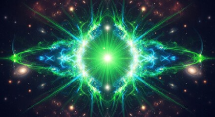 Obraz premium Symmetrical cosmic entity glows with green light against a starfield backdrop
