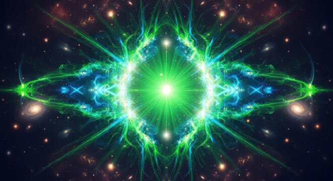 Symmetrical cosmic entity glows with green light against a starfield backdrop