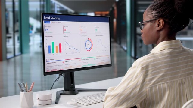 Female Sales Manager Using Lead Scoring And CRM Software