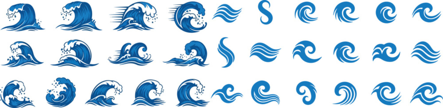 Abstract blue ocean waves, sea silhouette icons and marine water splashes. Spray and splatter symbols for tsunami, storm, tide and nautical weather concept. Vector collection.eps