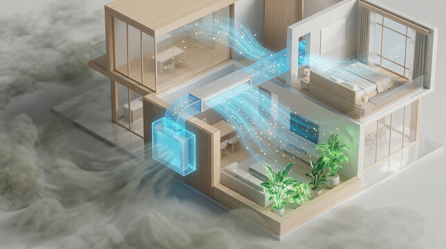 Centralized home air purification and HVAC ventilation system showing fresh airflow through filters and vents in a modern multi-level house.