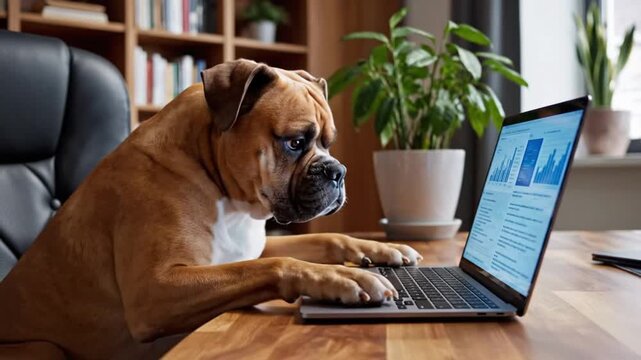Dog works on a laptop in a home office with plants and books in the background during daytime hours