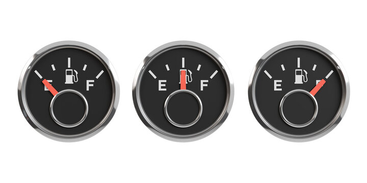 Front-facing set of three car fuel gauge dials with red needles, evenly spaced in a horizontal row, isolated on transparent background, detailed automotive dashboard instrument cluster.