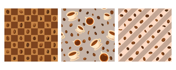 Seamless pattern background wallpaper with various coffee beans and cups. A playful repeating set