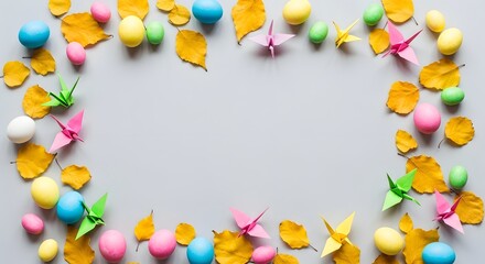 Easter wreath with colorful eggs and petals