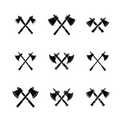 Crossed Battle Axe Icon Set in Solid Black Silhouette Vector Illustration.