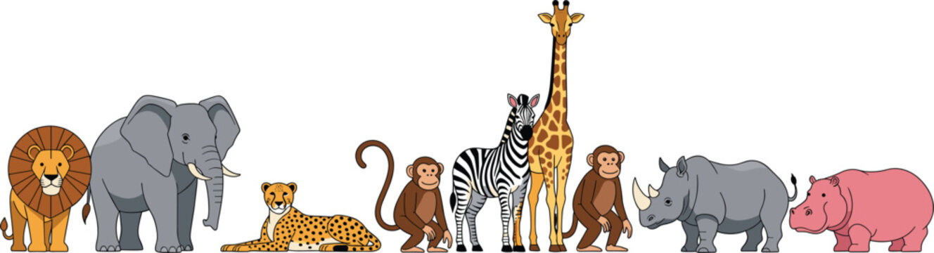 Set of wild safari animal characters including lion elephant giraffe zebra and monkey, flat vector illustration of african wildlife animals for children education and zoo design.