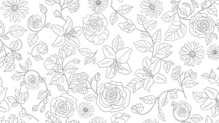 Elegant Floral Line Art Pattern Seamless Background.