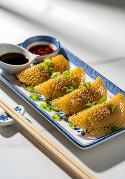 Japanese Hanetsuki Gyoza with Crispy Lace Crust on Porcelain Plate
